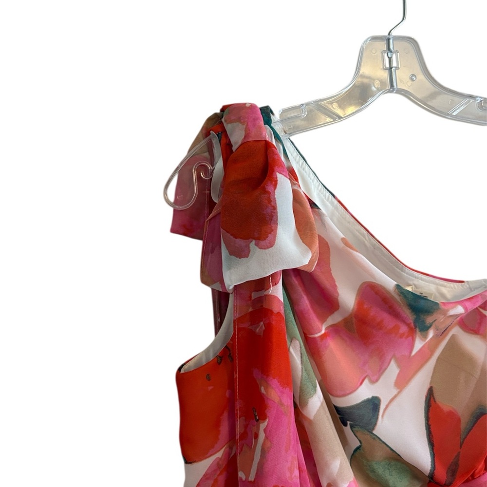 Eliza J Vibrant Multicolor Floral Print Lined Sz 10 One Shoulder Bow Detail - Picture 5 of 13
